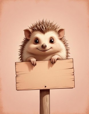 Smiling hedgehog holding sign