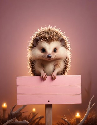 Hedgehog holding a pink sign