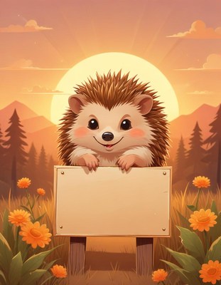 Hedgehog holding blank sign at sunset