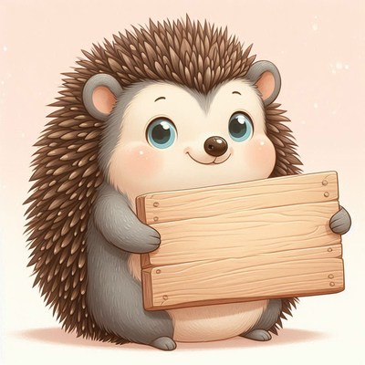 Cute hedgehog holding wooden sign