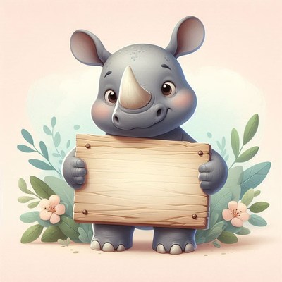 Smiling rhino holding sign