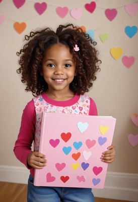 Girl holding pink book with hearts