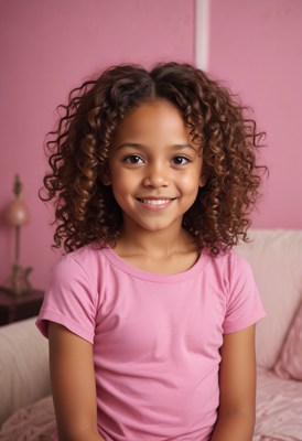 Girl with curly hair smiles in pink room