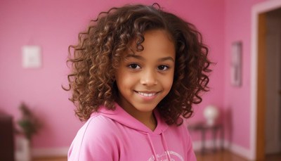 Girl smiles in pink room