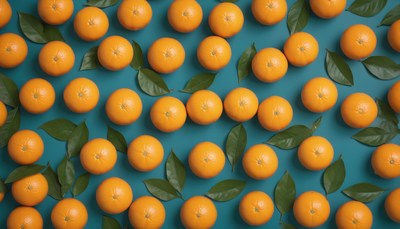 Oranges and leaves on teal background