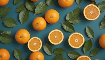 Oranges and leaves on blue background