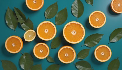 Orange slices and leaves on teal background