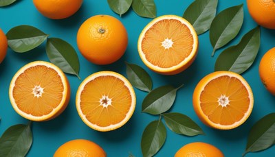 Oranges and leaves on blue background