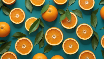 Fresh oranges and leaves on teal background