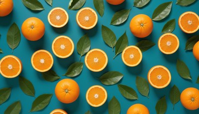 Oranges and leaves on blue background