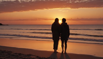 Couple silhouetted at sunrise on beach