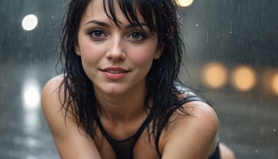 Woman in rain with city lights