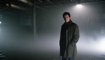 Man standing in foggy underground parking lot