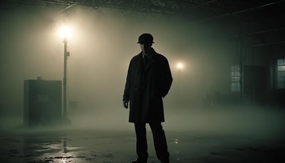 Man in foggy warehouse at night
