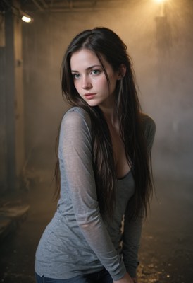 Woman posing in foggy building