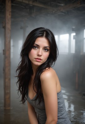Woman with long black hair in a dusty building