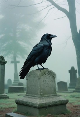 Raven on gravestone in foggy cemetery