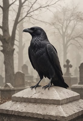 Raven perched on tombstone in cemetery