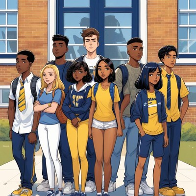 Students pose outside school building