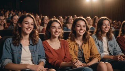 Three women smiling at movie theater