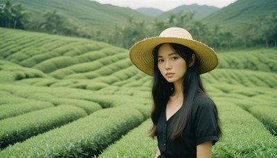 Woman in straw hat in tea plantation
