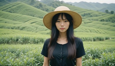 Woman in straw hat in green fields