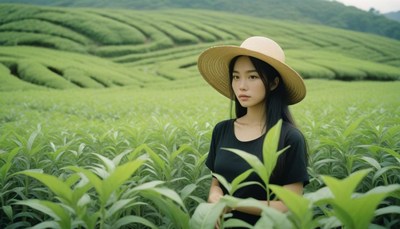 Woman in straw hat standing in tea plantation