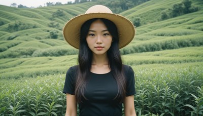 Woman in straw hat stands in field