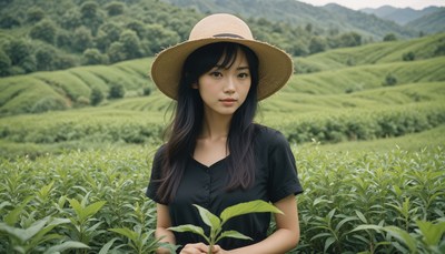 Woman in hat standing in tea field