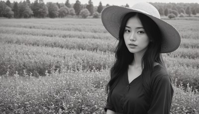 Woman in straw hat in field