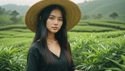 Woman in straw hat in tea plantation