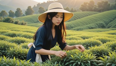 Woman picking tea leaves in green hills