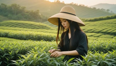 Woman in straw hat examining tea plants
