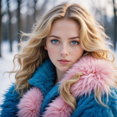 Blonde woman in blue fur coat