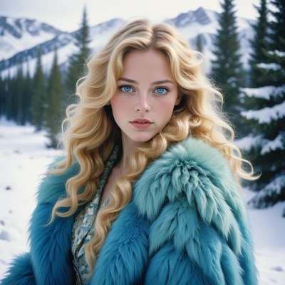 Blonde woman in blue fur coat in snowy mountains