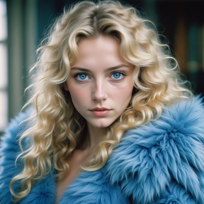 Blonde woman wearing blue fur coat