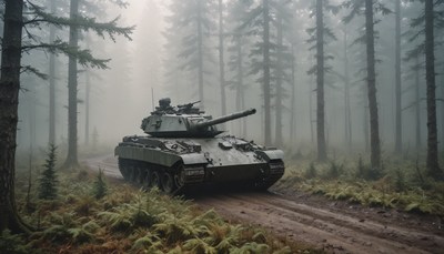 Tank driving through foggy forest