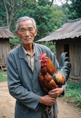 Elderly man holding rooster