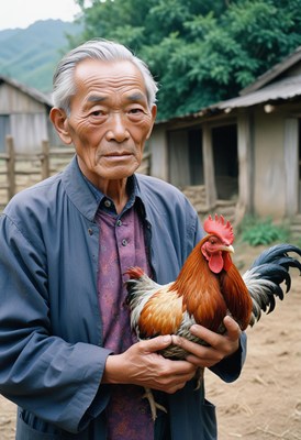 Man holding rooster in rural china