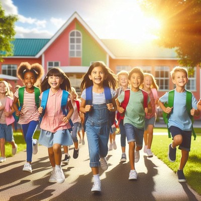 Children running from school at sunset
