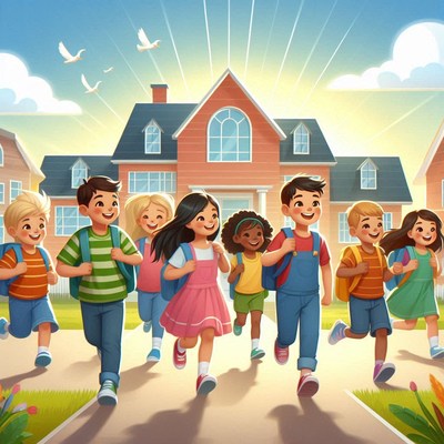 Children running towards school