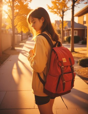 Girl walking with backpack in golden hour