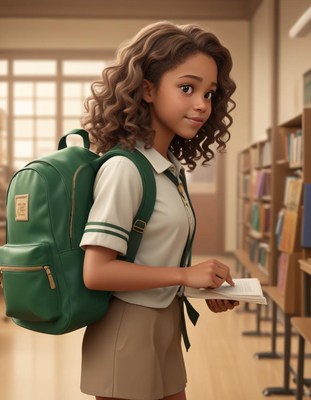 Girl in library with backpack