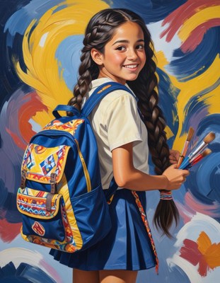 Girl with backpack and paintbrushes