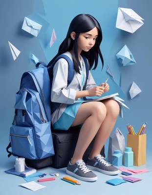 Girl writing with backpack and paper airplanes