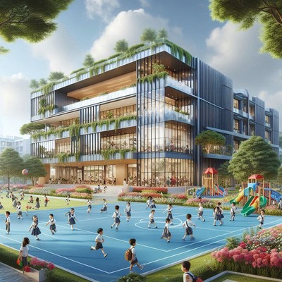 Modern school building with playground