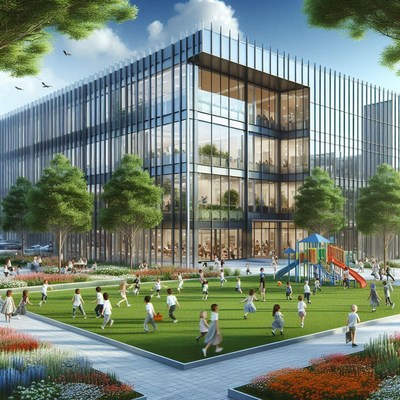 Children playing in front of modern office building