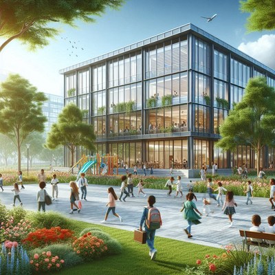 Modern building with children playing