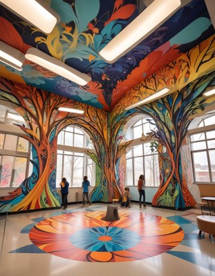 Colorful tree mural in interior space
