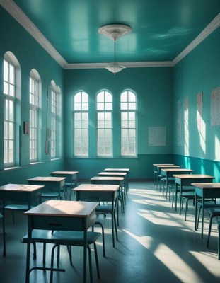 Empty classroom with green walls and desks